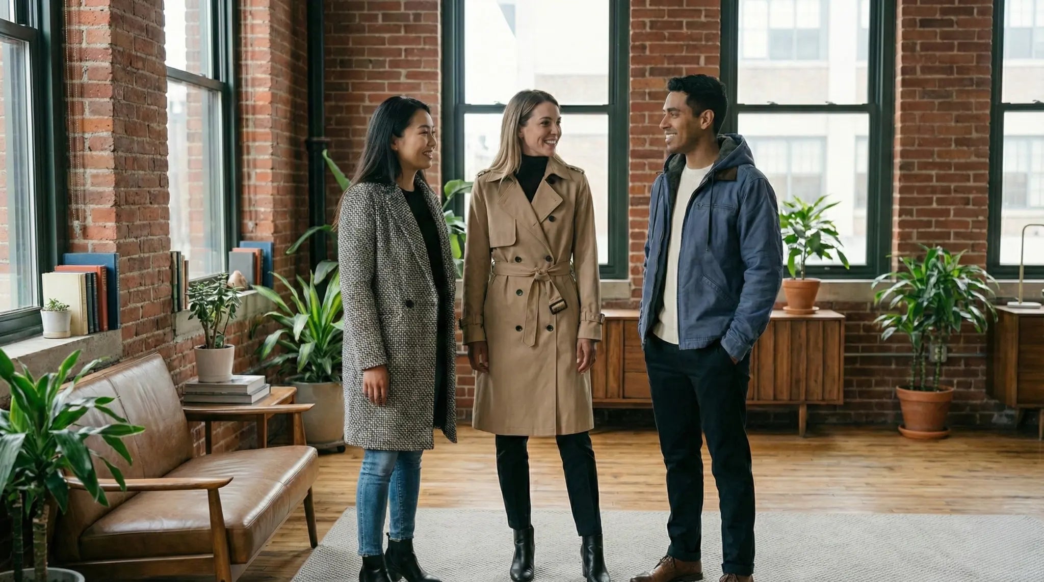 Three people standing in a modern living room with brick walls and large windows.