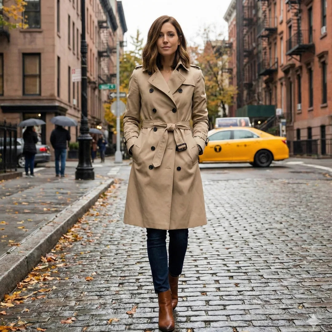 Woman in a beige trench coat walking on a city street with a yellow taxi in the background.