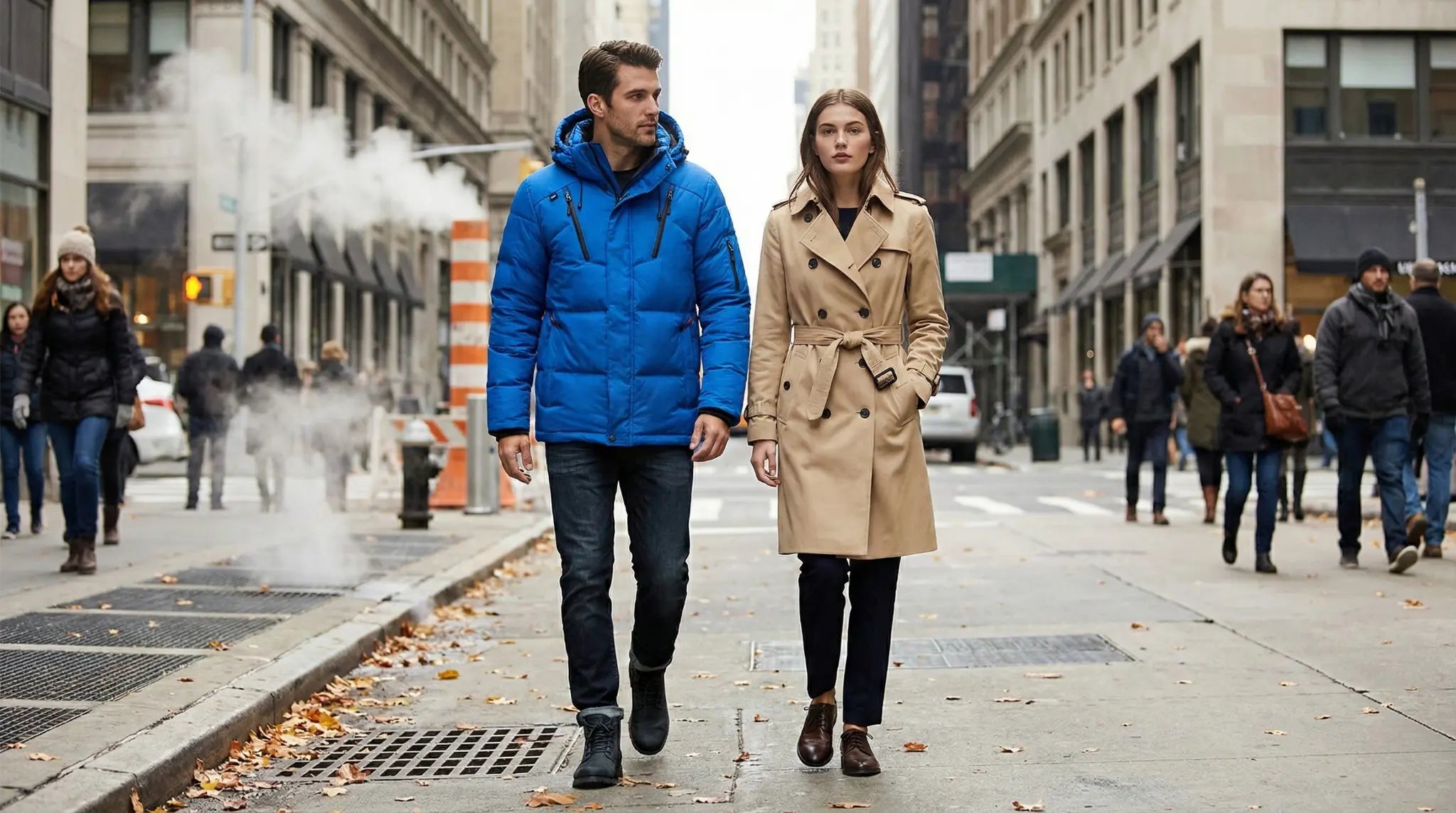 Two people walking on a city street, one in a blue coat and the other in a beige trench coat.
