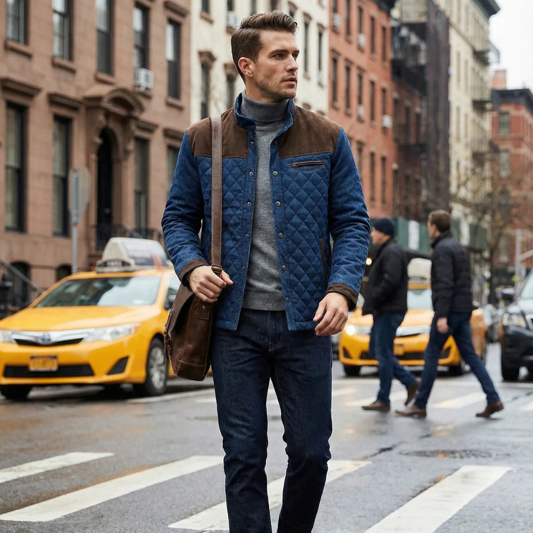 Man walking on a city street with yellow taxis in the background