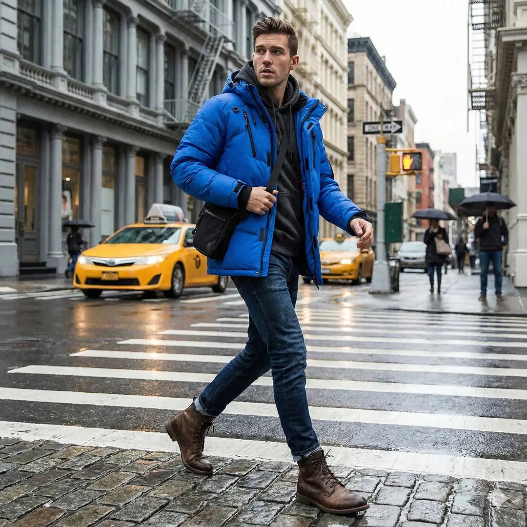 Man in a blue puffer jacket crossing a city street with taxis and pedestrians in the background.